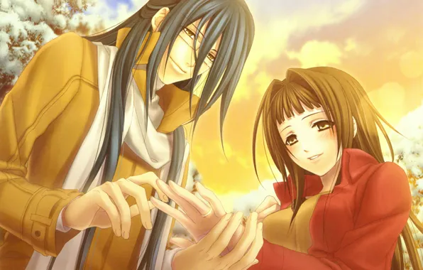 Шарф, очки, двое, длинные волосы, колечко, смущение, hiiro no kakera, tamaki kasuga