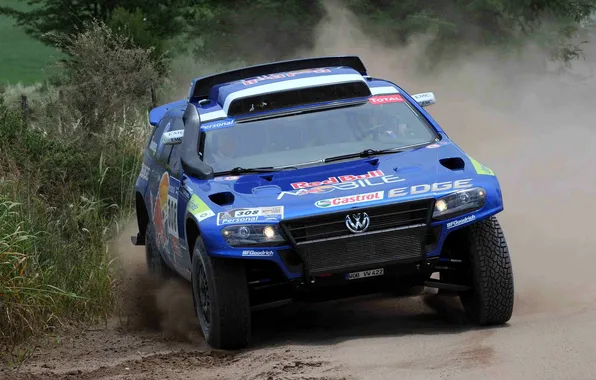 Синий, Volkswagen, Лого, Капот, Фары, Red Bull, Touareg, Rally