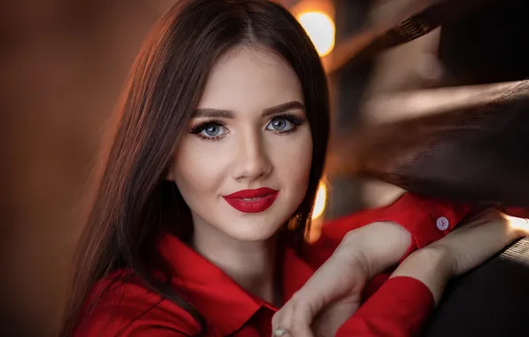 Взгляд, девушка, свет, портрет, макияж, шатенка, в красном, красная помада