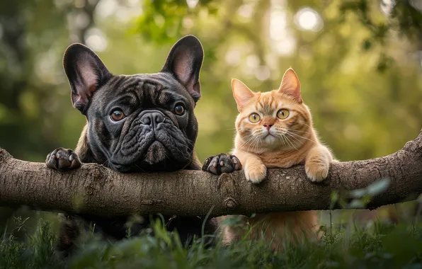Кошка, трава, кот, взгляд, природа, поза, вместе, поляна