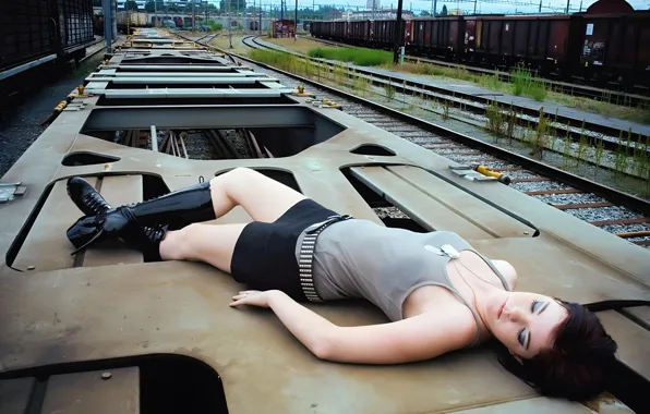 Girl, sexy, cleavage, dress, legs, mini, beautiful, railway
