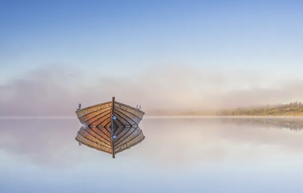 Картинка туман, озеро, лодка