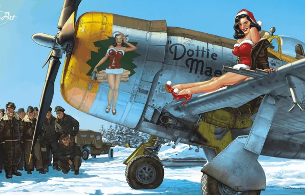 Девушка, снег, Новый Год, арт, самолёт, USAF, pin-up, P-47 Thunderbolt