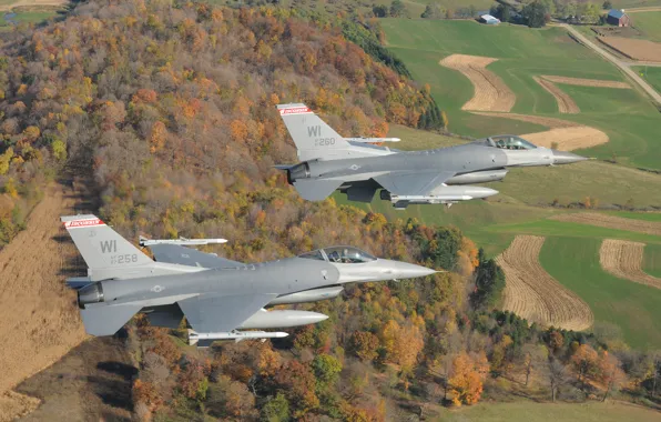 Небо, Висконсин, США, полёт, Falcons, Fighting, самолёты, F-16C