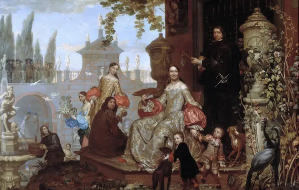 Картинка картина, жанровая, Ян ван Кессель младший, Семья в Саду
