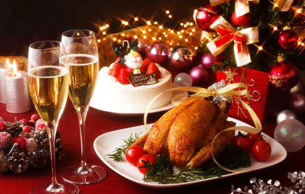 Праздник, шары, новый год, курица, свечи, бокалы, украшение, christmas