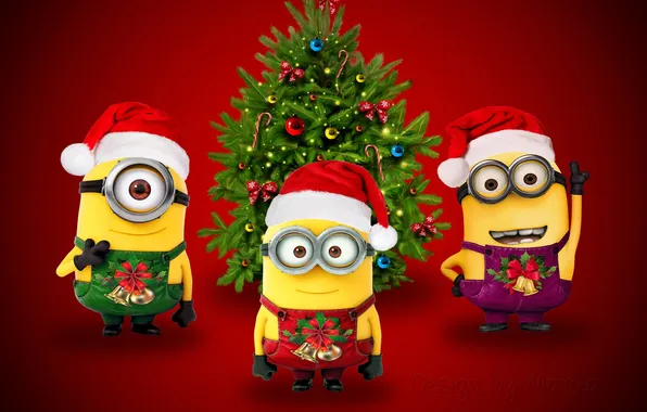 Праздник, Новый год, Елка, Happy New Year, красный фон, Minions, Красный фон, Миньены