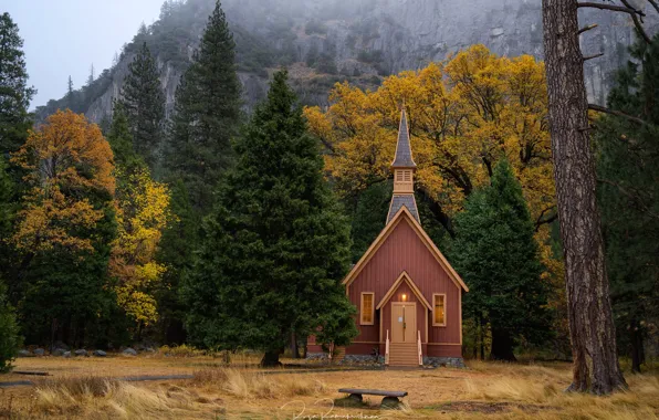 Осень, лес, деревья, горы, скалы, USA, часовня, Yosemite