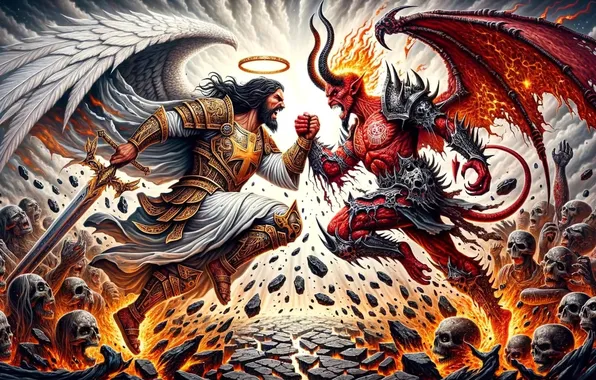 Demon, fighting, Archangel, the dead, fiery hell