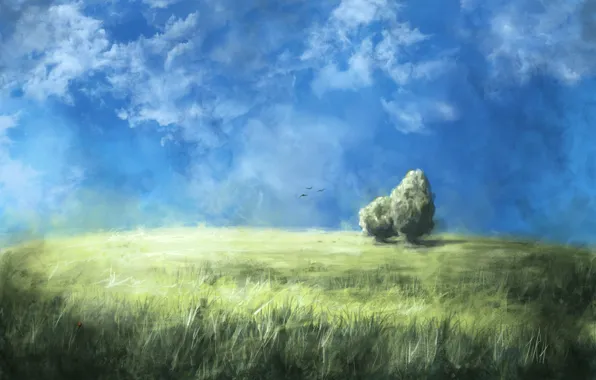 Картинка поле, небо, трава, облака, деревья, птицы, природа, арт