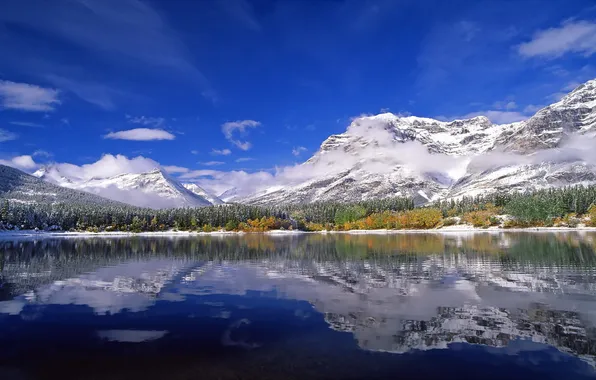 Картинка лес, снег, горы, озеро, Канада