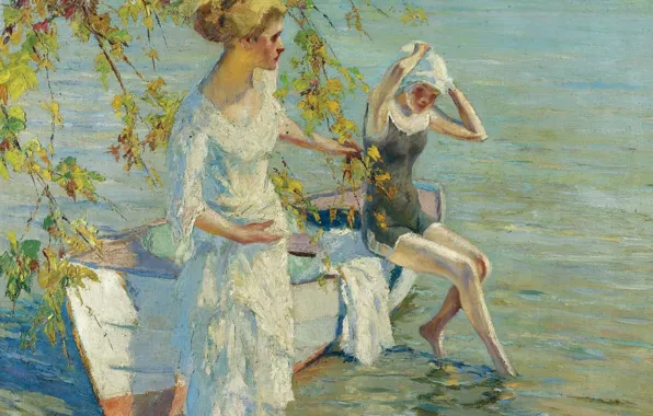 Картинка девушки, лодка, картина, Эдуард Какуел, Edward Cucuel, Купальщицы