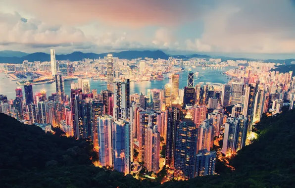 Картинка облака, город, огни, вечер, гонг конг, Hong Kong