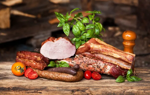 Мясо, помидоры, колбаса, ветчина, meat, sausage, бекно