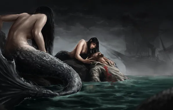 Море, корабль, русалка, капитан, русалки, рана, sirens, моряк