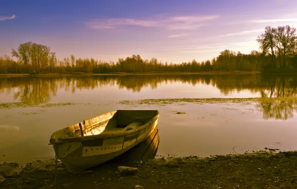 Природа, Озеро, Nature, Lake, Old boat, Старая лодка