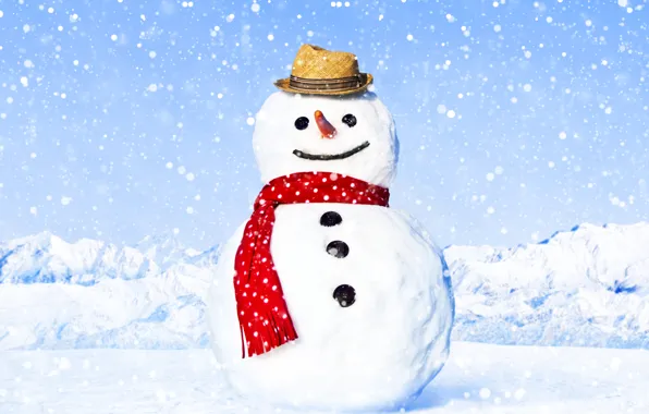 Картинка зима, снег, пейзаж, снежинки, блики, шляпа, шарф, снеговик
