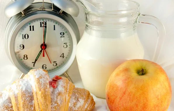 Картинка яблоко, завтрак, молоко, будильник, кувшин, джем, рогалик