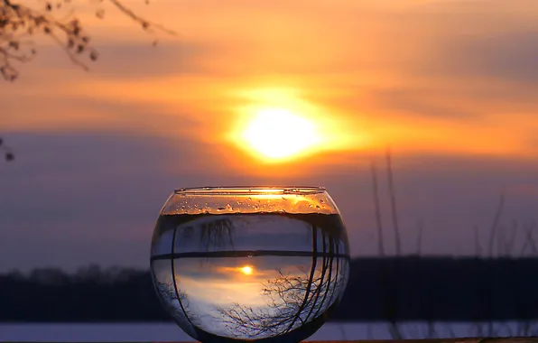 Зима, солнце, пейзаж, закат, природа, отражение, преломление
