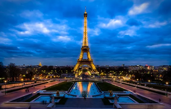 Картинка небо, облака, ночь, огни, Франция, Париж, башня