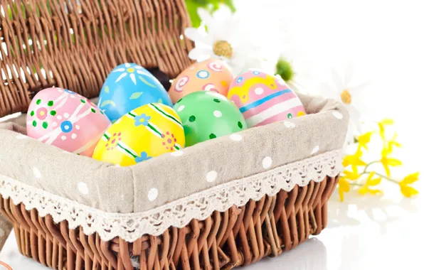 Цветы, фон, корзина, яйца, весна, colorful, Пасха, holidays