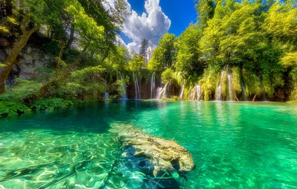 Зелень, лес, небо, солнце, облака, деревья, озеро, водопад