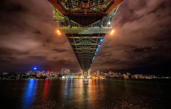 Картинка ночь, мост, город, огни, под мостом