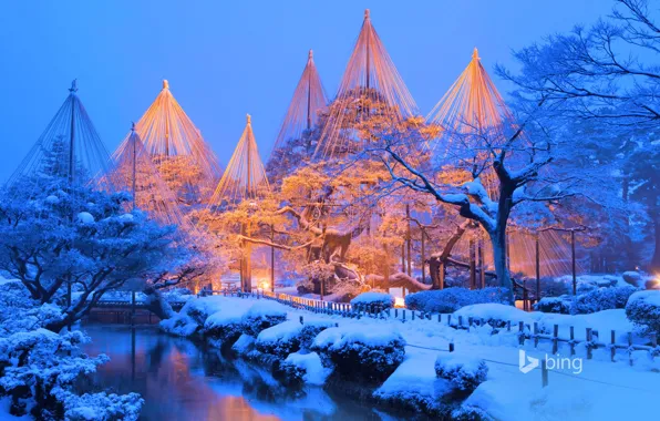 Зима, снег, парк, Япония, Кэнроку-эн, Канадзава