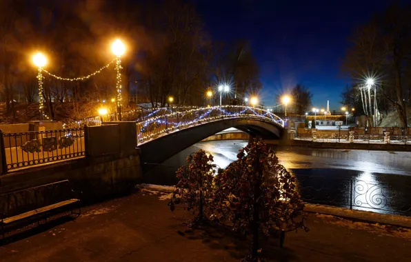 Деревья, ночь, мост, огни, река, фонари, Новый год, Россия