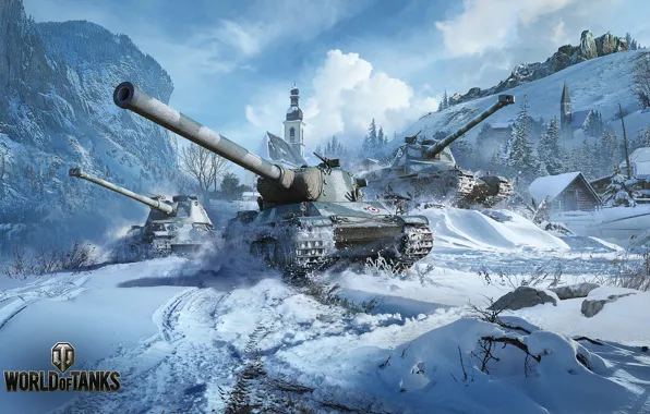 Картинка снег, горы, деревня, танки, World of Tanks