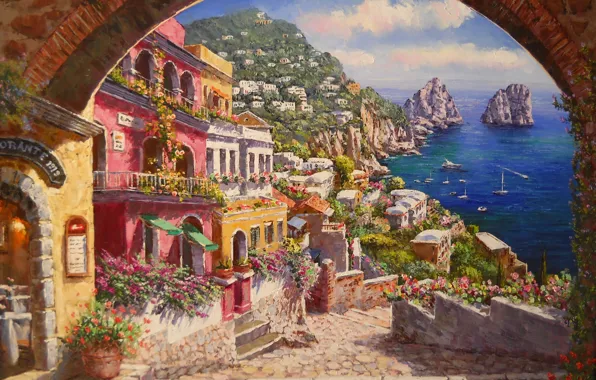 Картина, живопись, painting, Sung Kim, Italian coast, evening in Capri