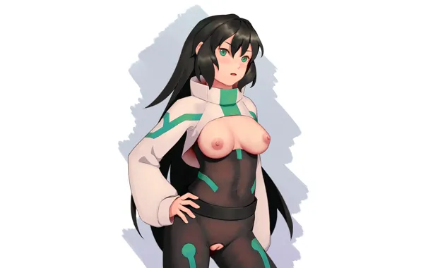 Girl, sexy, erect nipples, bodysuit, green eyes, long hair, pussy, nipples