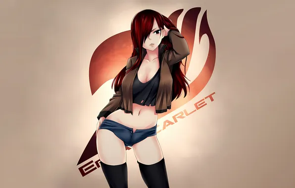 Girl, sexy, cleavage, shorts, thighhighs, red hair, long hair, boobs