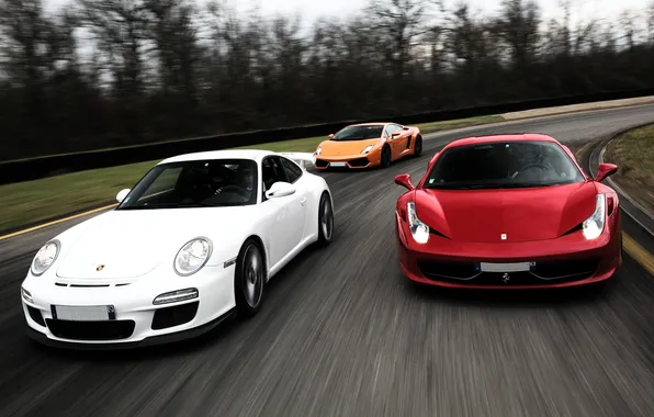 Картинка белый, деревья, оранжевый, красный, гонка, Lamborghini, 911, Porsche
