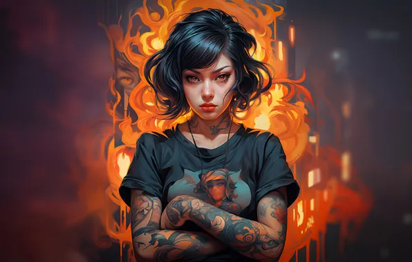 Картинка portrait, AI art, lady on fire, Fire girl