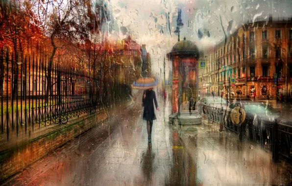 Осень, девушка, капли, город, дождь, зонт, прогулка, Россия