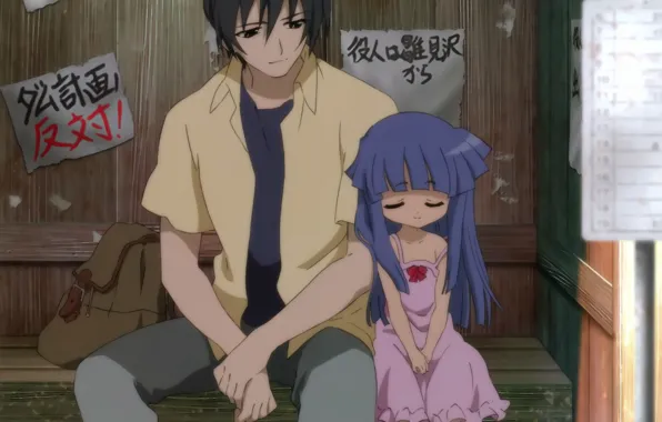 Скамейка, двое, рюкзак, когда плачут цикады, остановка, higurashi no nako koro ni, rika furude, mamoru …