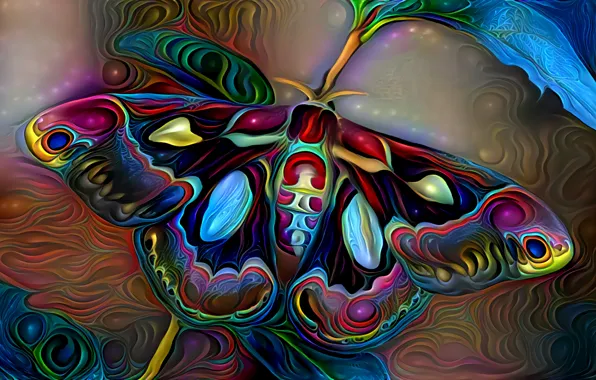 Бабочка, цвет, разводы, крылышки, яркие цвета, компьютерный дизайн