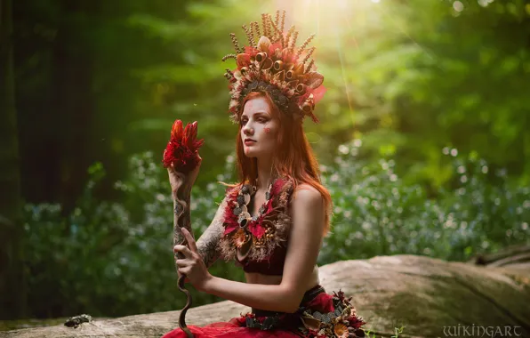 Лес, взгляд, девушка, лучи, свет, цветы, природа, поза