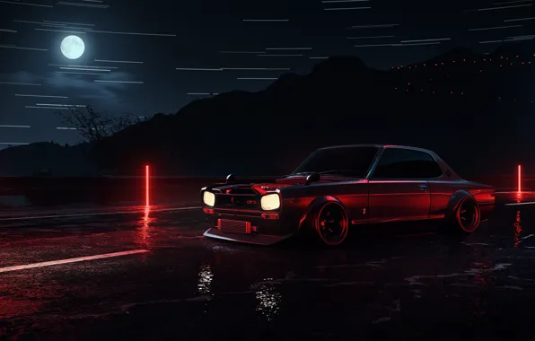 Авто, Ночь, Луна, Машина, Car, Need for Speed, Skyline, Neon