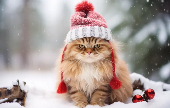 Зима, лес, кошка, кот, взгляд, шарики, снег, природа
