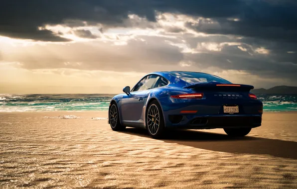 Море, пляж, синий, Porsche 911 Turbo S