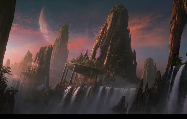 Waterfall, planets, rocky mountains
