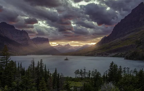 Картинка sky, sunset, clouds, lake, Glacier National Park, Saint Mary Lake, Montana