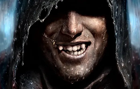 Fantasy, rain, smile, man, vampire, fang, evil, hood