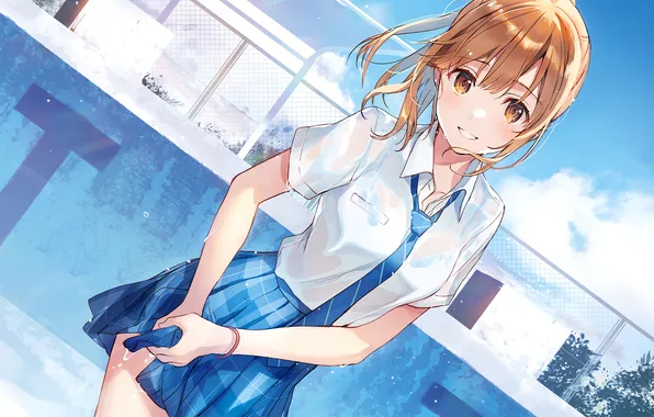 Girl, wet, pool, school uniform, brown eyes, anime, beautiful, short hair