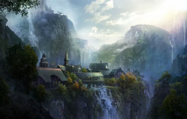 Картинка пейзаж, горы, город, арт, The Lord of the Rings, Rivendell