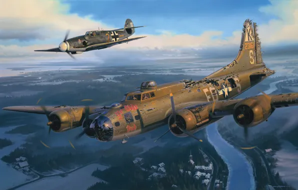 Германия, истребитель, США, бомбардировщик, Bf-109, Nicolas Trudgian, B-17 “Ye Olde Pub”