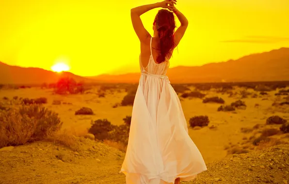 Картинка лето, девушка, закат, пустыня, волосы, спина, руки, платье