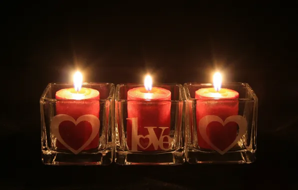 Свет, темный фон, огонь, свечи, Любовь, День Святого Валентина, праздник всех влюблённых